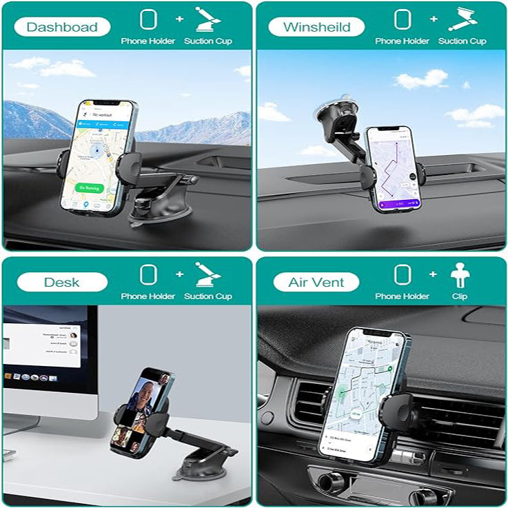 HKM-208019 4-in-1 Universal Car Phone Holder with Sturdy Suction Cup Base and 360-Degree Rotatable Arm