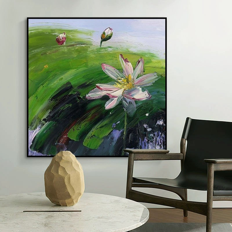 HKM-208851 Hand-Painted Abstract Oil Painting of Rural Landscape with Lotus Flowers on Canvas for Home Décor