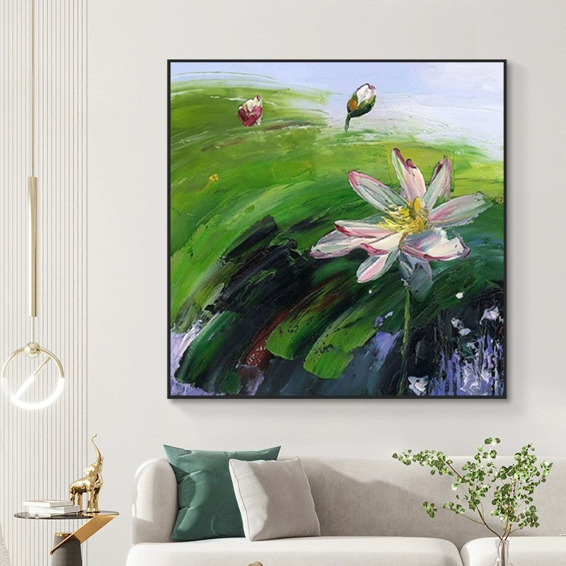 HKM-208851 Hand-Painted Abstract Oil Painting of Rural Landscape with Lotus Flowers on Canvas for Home Décor