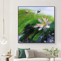 HKM-208851 Hand-Painted Abstract Oil Painting of Rural Landscape with Lotus Flowers on Canvas for Home Décor