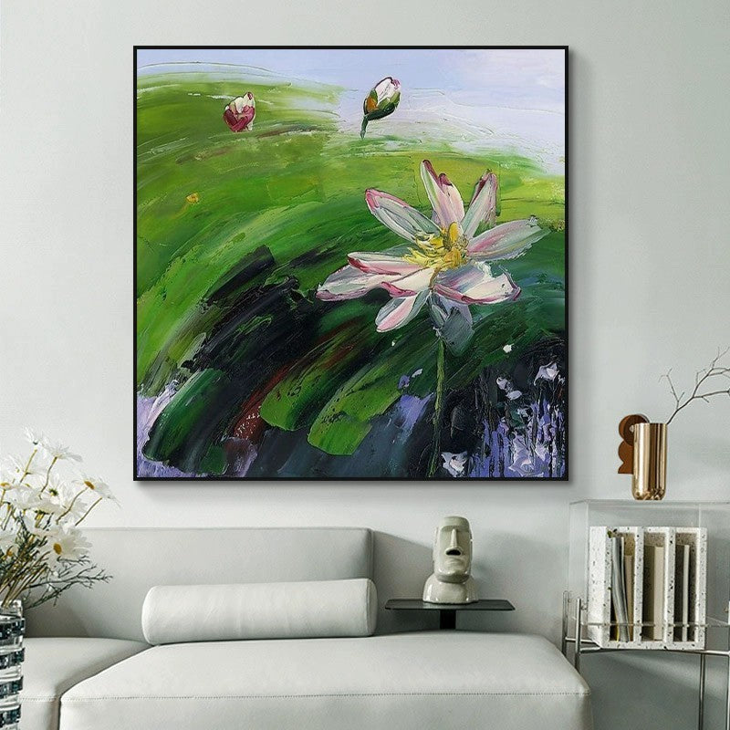 HKM-208851 Hand-Painted Abstract Oil Painting of Rural Landscape with Lotus Flowers on Canvas for Home Décor