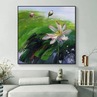 HKM-208851 Hand-Painted Abstract Oil Painting of Rural Landscape with Lotus Flowers on Canvas for Home Décor