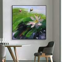 HKM-208851 Hand-Painted Abstract Oil Painting of Rural Landscape with Lotus Flowers on Canvas for Home Décor