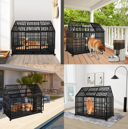 HKM-208915 Heavy Duty 54" Dog Crate for Large Dogs, Metal Kennel with Top Door, Removable Trays & Lockable Wheels