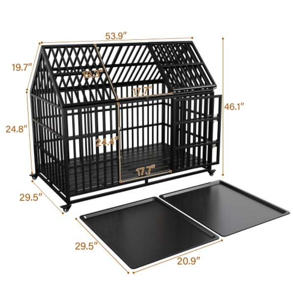 HKM-208915 Heavy Duty 54" Dog Crate for Large Dogs, Metal Kennel with Top Door, Removable Trays & Lockable Wheels
