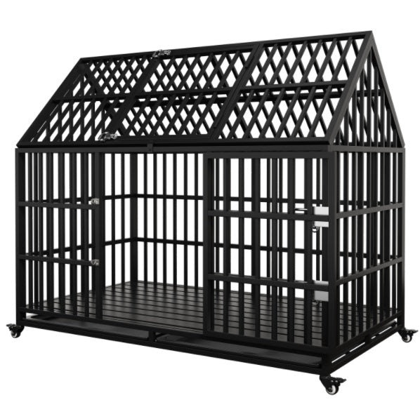 HKM-208915 Heavy Duty 54" Dog Crate for Large Dogs, Metal Kennel with Top Door, Removable Trays & Lockable Wheels