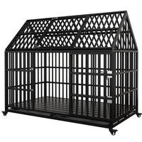 HKM-208915 Heavy Duty 54" Dog Crate for Large Dogs, Metal Kennel with Top Door, Removable Trays & Lockable Wheels
