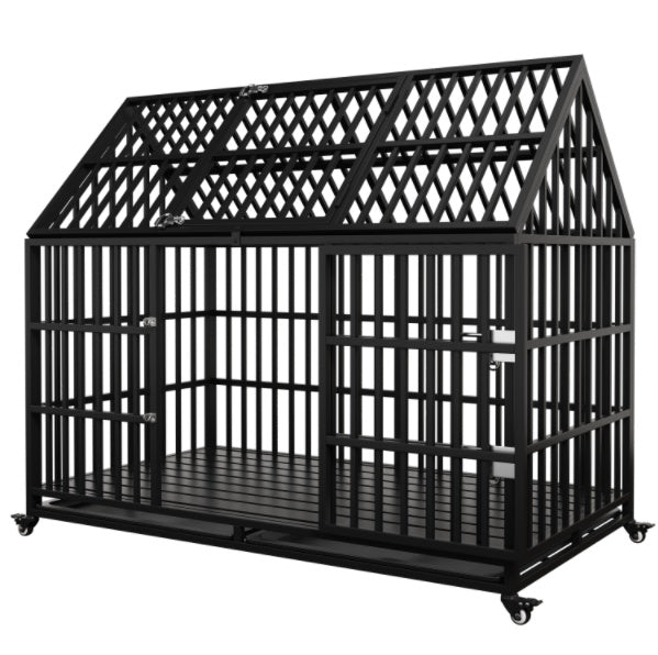 HKM-208915 Heavy Duty 54" Dog Crate for Large Dogs, Metal Kennel with Top Door, Removable Trays & Lockable Wheels