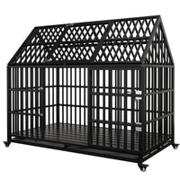 HKM-208915 Heavy Duty 54" Dog Crate for Large Dogs, Metal Kennel with Top Door, Removable Trays & Lockable Wheels