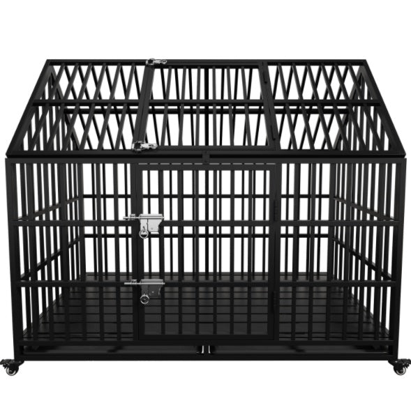 HKM-208915 Heavy Duty 54" Dog Crate for Large Dogs, Metal Kennel with Top Door, Removable Trays & Lockable Wheels