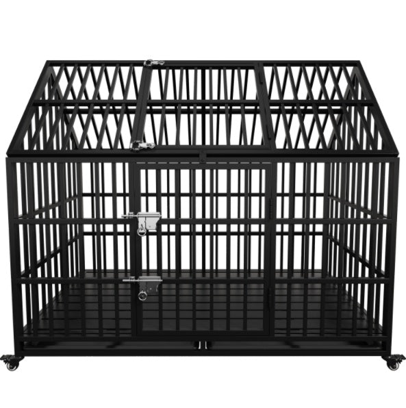 HKM-208915 Heavy Duty 54" Dog Crate for Large Dogs, Metal Kennel with Top Door, Removable Trays & Lockable Wheels