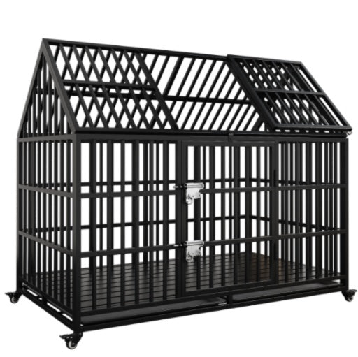 HKM-208915 Heavy Duty 54" Dog Crate for Large Dogs, Metal Kennel with Top Door, Removable Trays & Lockable Wheels