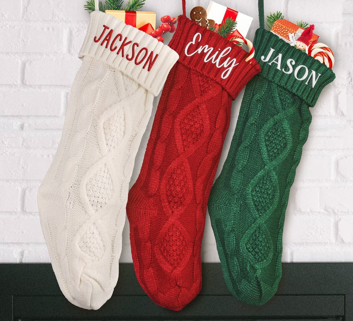 HKM-209683 Embroidered Knitted Christmas Stockings Gift Bag in Red, Green, White, and Gray – 53cm Length