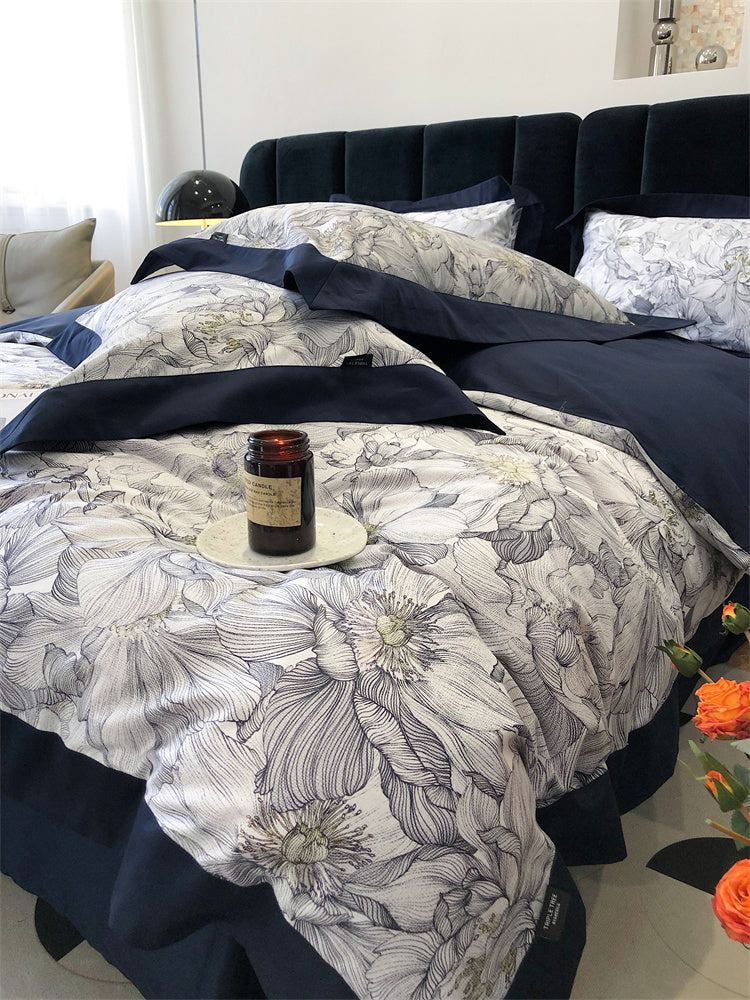 HKM-210067 Cotton Floral Print Four-Piece Bed Set in Pastoral Style for Queen and King Beds