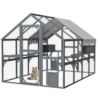 HKM-210067 Extra Spacious Outdoor Cat Enclosure with Weather-Resistant Roof and Climbing Features, 110 Inch Luxury Cattery