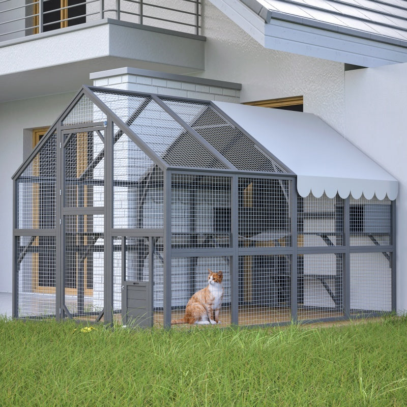 HKM-210067 Extra Spacious Outdoor Cat Enclosure with Weather-Resistant Roof and Climbing Features, 110 Inch Luxury Cattery