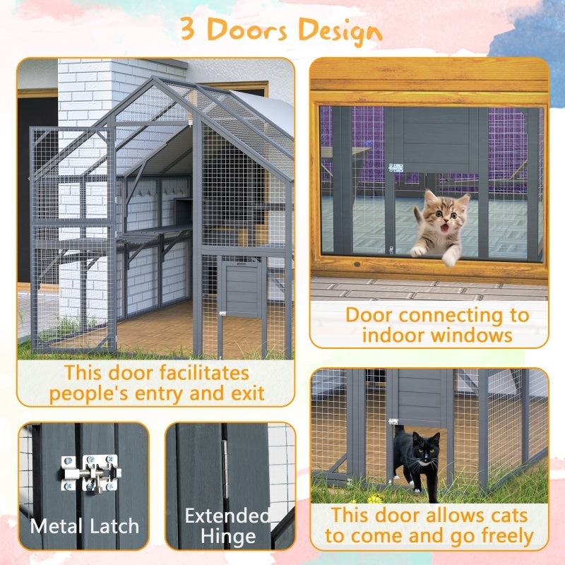 HKM-210067 Extra Spacious Outdoor Cat Enclosure with Weather-Resistant Roof and Climbing Features, 110 Inch Luxury Cattery