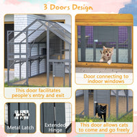 HKM-210067 Extra Spacious Outdoor Cat Enclosure with Weather-Resistant Roof and Climbing Features, 110 Inch Luxury Cattery