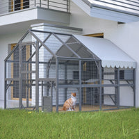 HKM-210067 Extra Spacious Outdoor Cat Enclosure with Weather-Resistant Roof and Climbing Features, 110 Inch Luxury Cattery