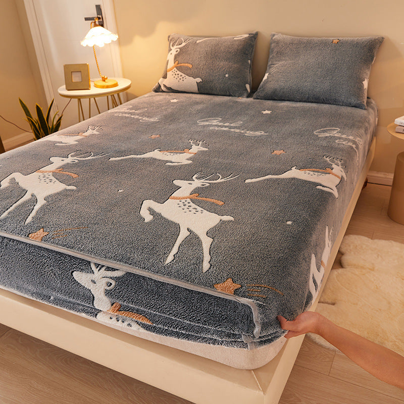 HKM-210067 Flannel Fitted Sheet with Cartoon Snowflake Patterns – Available in Multiple Sizes and Designs