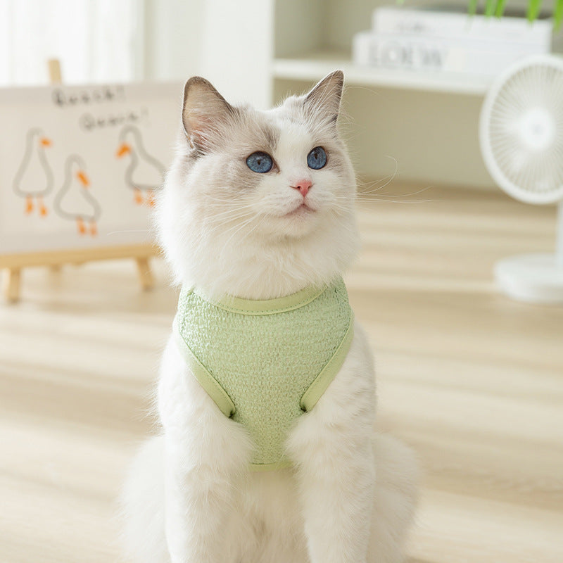 HKM-210323 Breathable Cartoon Bear Patch Cat Clothes in Green, Blue, and Yellow