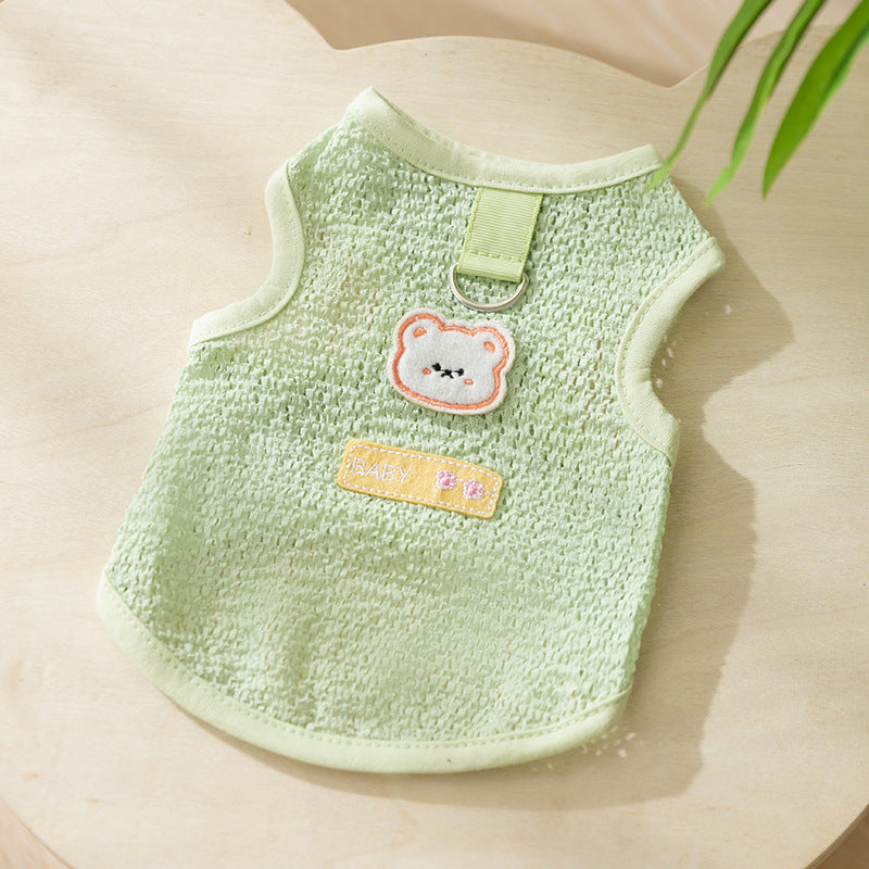 HKM-210323 Breathable Cartoon Bear Patch Cat Clothes in Green, Blue, and Yellow