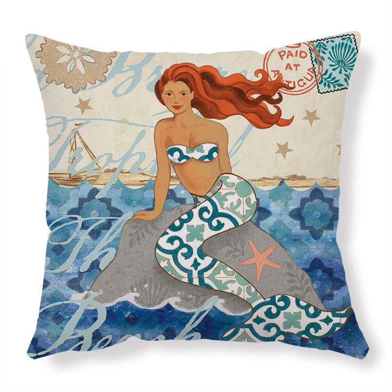 HKM-210451 Sea Turtle Print Linen Cushion Cover for Sofa and Chair - 45x45cm, Modern Home Decor