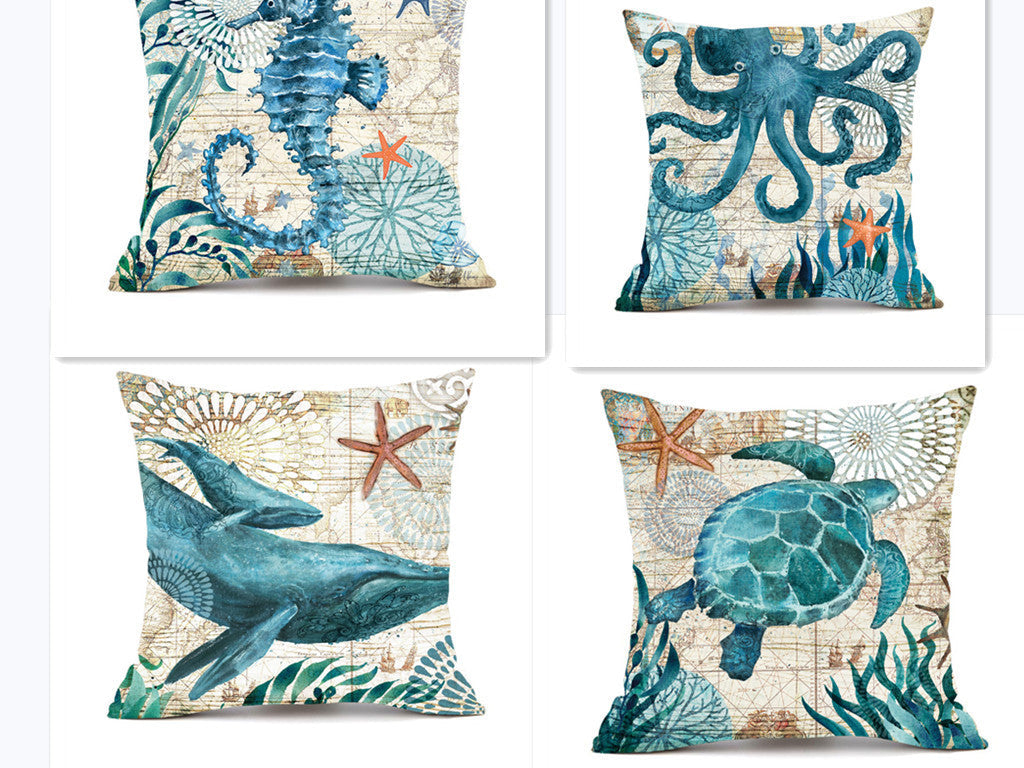 HKM-210451 Sea Turtle Print Linen Cushion Cover for Sofa and Chair - 45x45cm, Modern Home Decor