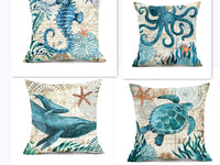 HKM-210451 Sea Turtle Print Linen Cushion Cover for Sofa and Chair - 45x45cm, Modern Home Decor