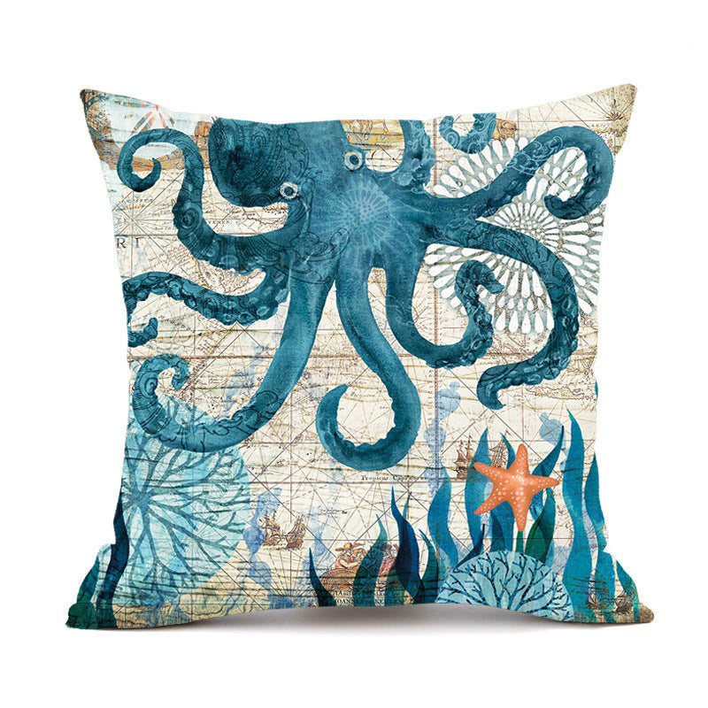 HKM-210451 Sea Turtle Print Linen Cushion Cover for Sofa and Chair - 45x45cm, Modern Home Decor