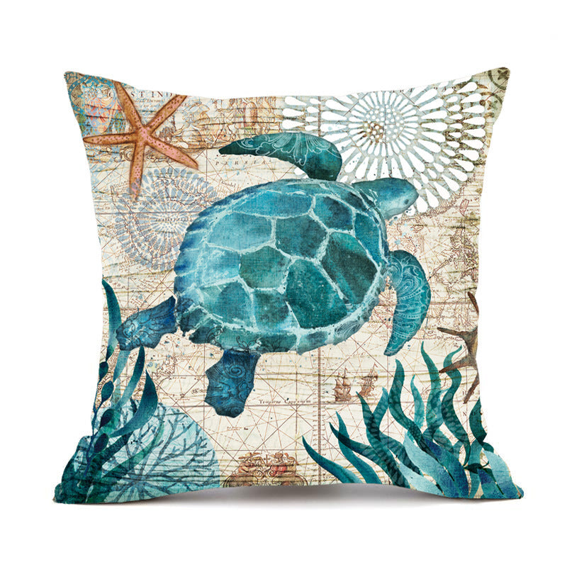 HKM-210451 Sea Turtle Print Linen Cushion Cover for Sofa and Chair - 45x45cm, Modern Home Decor