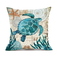 HKM-210451 Sea Turtle Print Linen Cushion Cover for Sofa and Chair - 45x45cm, Modern Home Decor