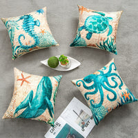 HKM-210451 Sea Turtle Print Linen Cushion Cover for Sofa and Chair - 45x45cm, Modern Home Decor