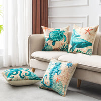 HKM-210451 Sea Turtle Print Linen Cushion Cover for Sofa and Chair - 45x45cm, Modern Home Decor