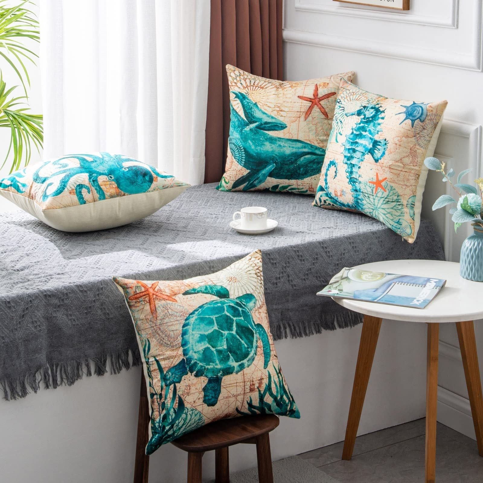 HKM-210451 Sea Turtle Print Linen Cushion Cover for Sofa and Chair - 45x45cm, Modern Home Decor