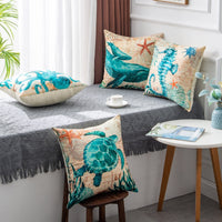 HKM-210451 Sea Turtle Print Linen Cushion Cover for Sofa and Chair - 45x45cm, Modern Home Decor