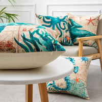 HKM-210451 Sea Turtle Print Linen Cushion Cover for Sofa and Chair - 45x45cm, Modern Home Decor