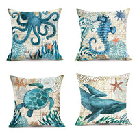 HKM-210451 Sea Turtle Print Linen Cushion Cover for Sofa and Chair - 45x45cm, Modern Home Decor