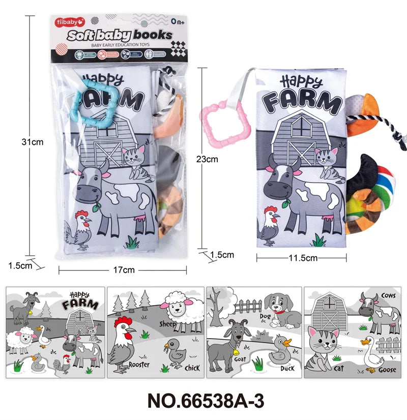 HKM-210643 Soft Cloth Book Toy for Autistic Children Featuring Black and White Cartoon Animals, Educational and Soothing, 12x12cm