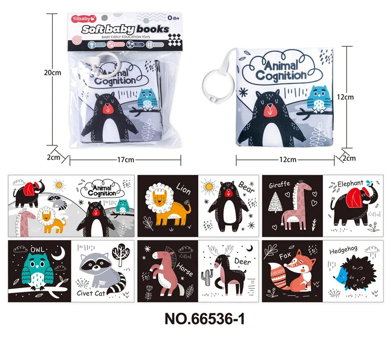 HKM-210643 Soft Cloth Book Toy for Autistic Children Featuring Black and White Cartoon Animals, Educational and Soothing, 12x12cm