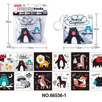 HKM-210643 Soft Cloth Book Toy for Autistic Children Featuring Black and White Cartoon Animals, Educational and Soothing, 12x12cm