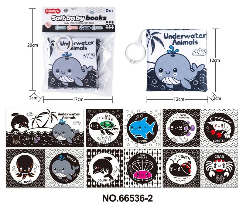 HKM-210643 Soft Cloth Book Toy for Autistic Children Featuring Black and White Cartoon Animals, Educational and Soothing, 12x12cm