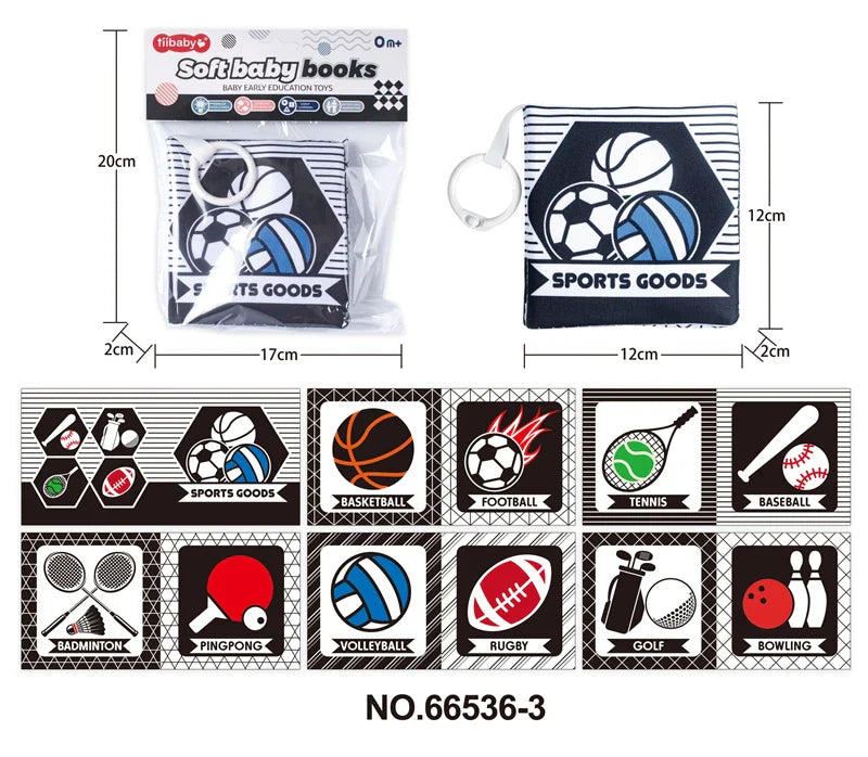 HKM-210643 Soft Cloth Book Toy for Autistic Children Featuring Black and White Cartoon Animals, Educational and Soothing, 12x12cm