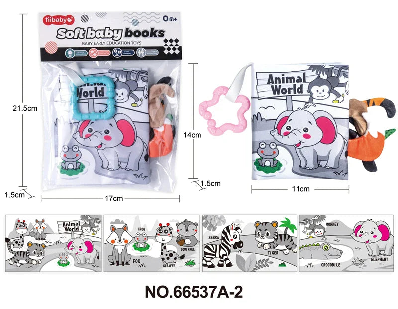 HKM-210643 Soft Cloth Book Toy for Autistic Children Featuring Black and White Cartoon Animals, Educational and Soothing, 12x12cm