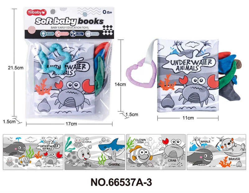 HKM-210643 Soft Cloth Book Toy for Autistic Children Featuring Black and White Cartoon Animals, Educational and Soothing, 12x12cm