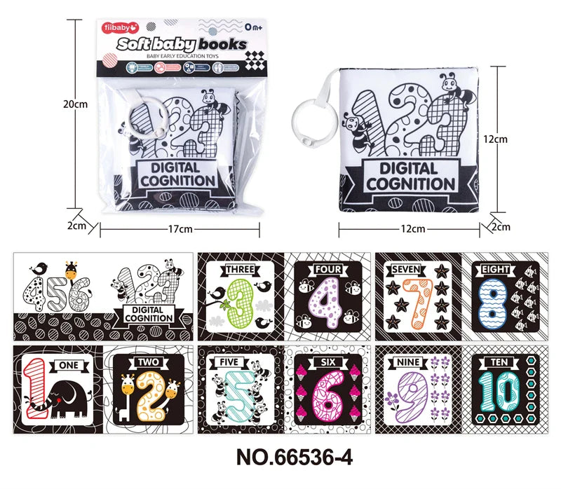 HKM-210643 Soft Cloth Book Toy for Autistic Children Featuring Black and White Cartoon Animals, Educational and Soothing, 12x12cm