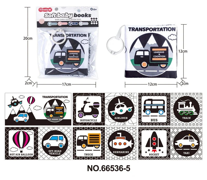 HKM-210643 Soft Cloth Book Toy for Autistic Children Featuring Black and White Cartoon Animals, Educational and Soothing, 12x12cm