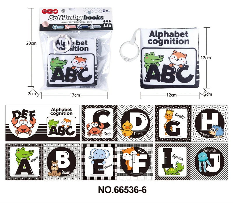 HKM-210643 Soft Cloth Book Toy for Autistic Children Featuring Black and White Cartoon Animals, Educational and Soothing, 12x12cm