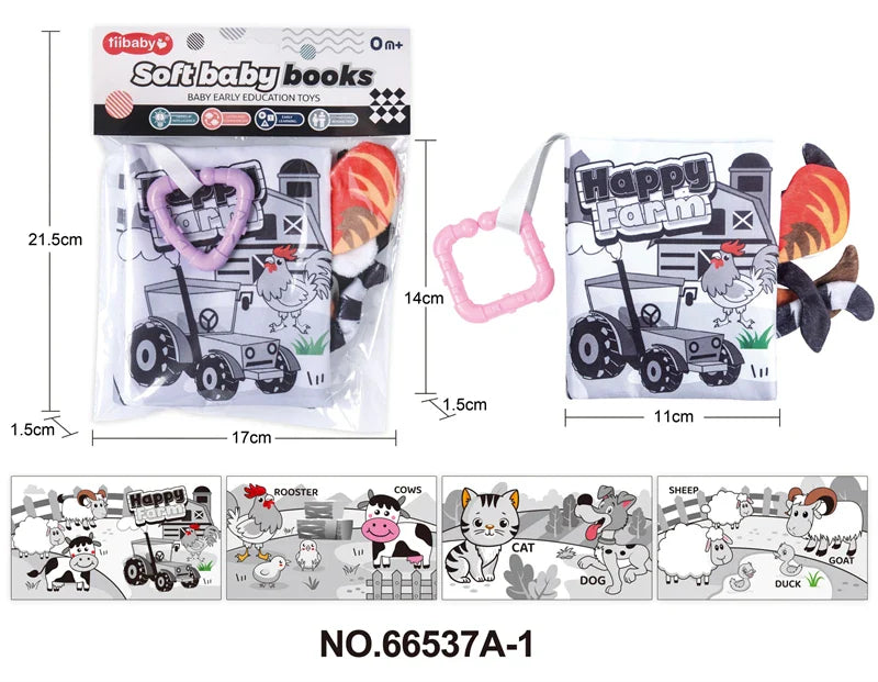 HKM-210643 Soft Cloth Book Toy for Autistic Children Featuring Black and White Cartoon Animals, Educational and Soothing, 12x12cm