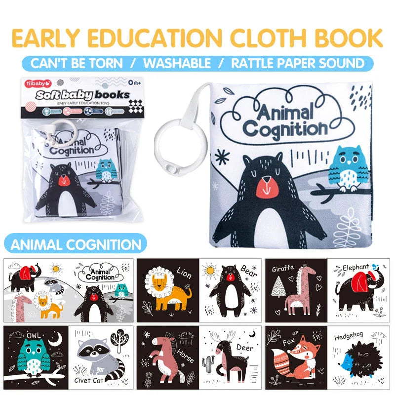 HKM-210643 Soft Cloth Book Toy for Autistic Children Featuring Black and White Cartoon Animals, Educational and Soothing, 12x12cm